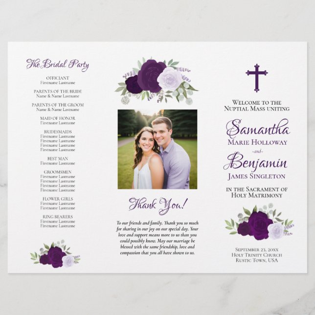 Purple Roses DIY tri-fold Catholic Wedding Program Flyer (Front)