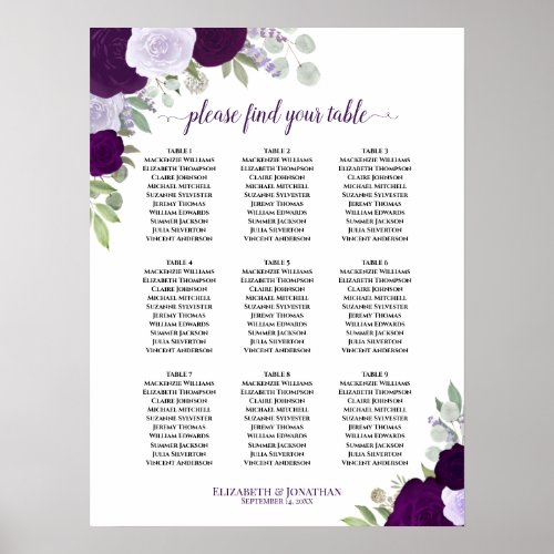 Purple Roses Elegant 9 Table Wedding Seating Chart