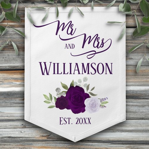 Purple Roses Elegant Boho Mr  Mrs Wedding Pennant