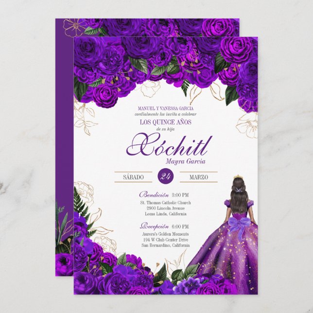 Purple Roses Elegant Floral 15th Birthday Quince Invitation (Front/Back)