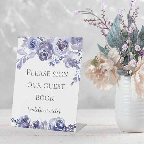 Purple Roses Elegant Floral Wedding Guest Book Pedestal Sign