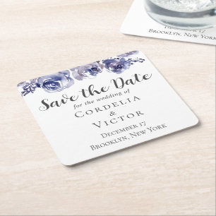 Purple Roses Elegant Floral Winter Save the Date Square Paper Coaster