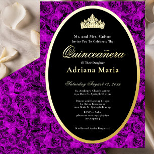 Purple Roses Elegant Gold Floral Quinceanera   Foil Invitation
