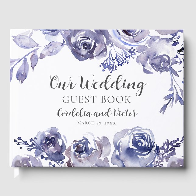 Purple Roses Elegant Personalized Garden Wedding Guest Book (Front)