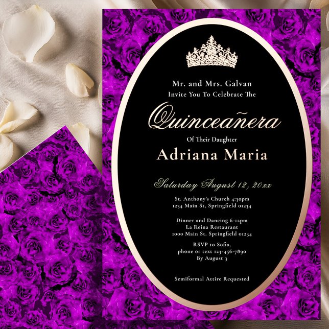 Purple Roses Elegant Rose Gold Quinceanera   Foil Invitation (Creator Uploaded)