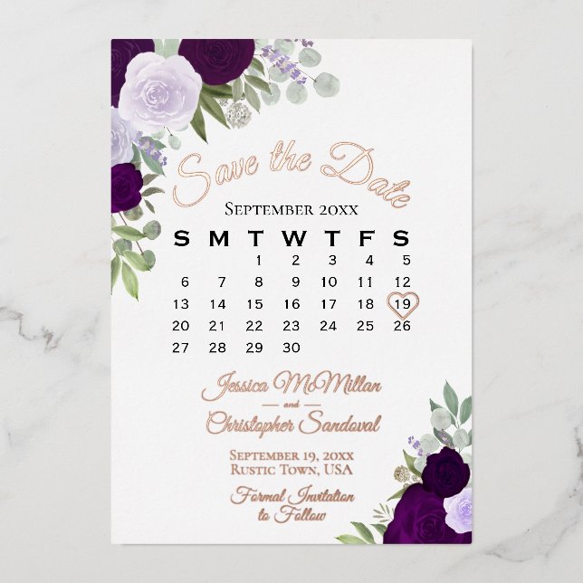 Purple Roses Elegant Save the Date Rose Gold Foil Invitation (Front)