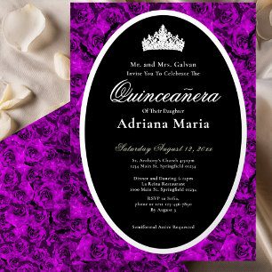 Purple Roses Elegant Silver Floral Quinceanera Foil Invitation