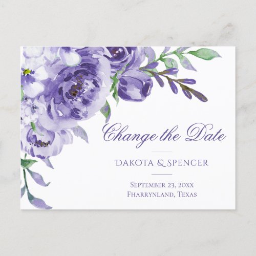 Purple Roses  Elegant Watercolor Change of Date Announcement Postcard