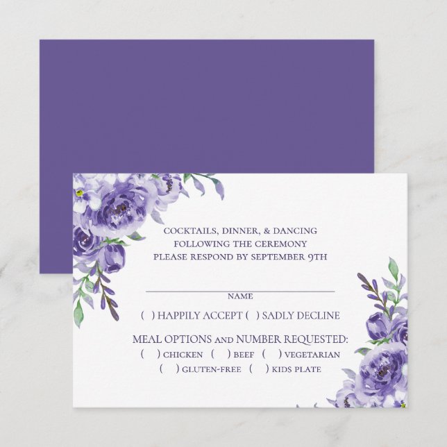 Purple Roses | Elegant Watercolor Entree Choice RSVP Card (Front/Back)