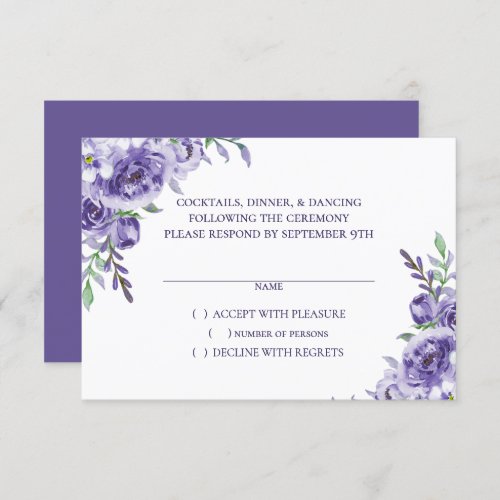 Purple Roses  Elegant Watercolor Floral Boho RSVP Card