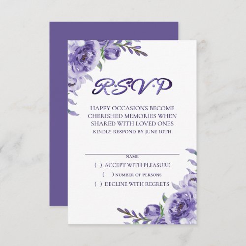 Purple Roses  Elegant Watercolor Floral Boho RSVP Card