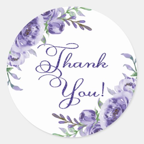 Purple Roses  Elegant Watercolor Floral Thank You Classic Round Sticker