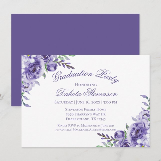 Purple Roses | Elegant Watercolor Graduation Invitation (Front/Back)