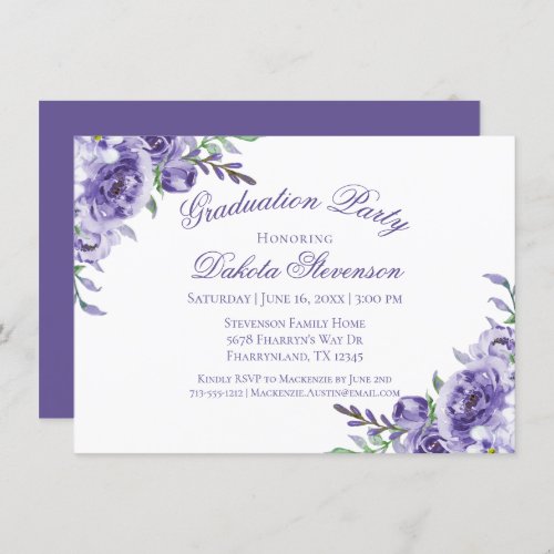 Purple Roses  Elegant Watercolor Graduation Invitation