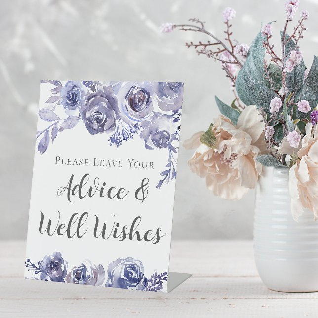 Purple Roses Elegant Wedding Advice Well Wishes Pedestal Sign (Creator Uploaded)
