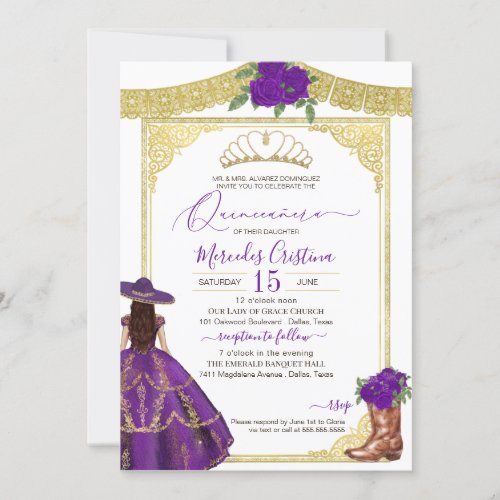 Purple Roses Elegant Western Charro Quinceanera In Invitation