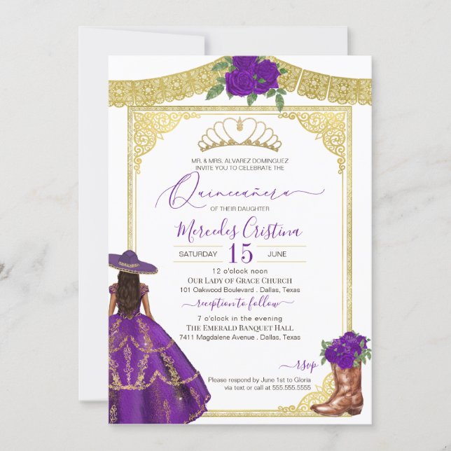 Purple Roses Elegant Western Charro Quinceanera Invitation (Front)