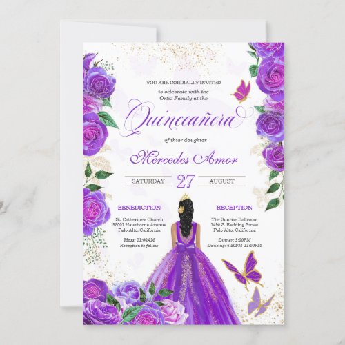 Purple Roses Floral Butterfly Mariposa Quinceanera Invitation