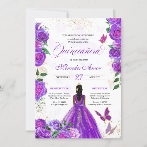 Purple Roses Floral Butterfly Mariposa Quinceanera Invitation