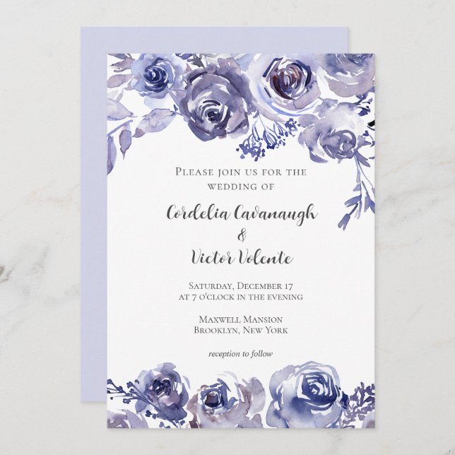 Purple Roses Floral Elegant Evening Winter Wedding Invitation (Front/Back)