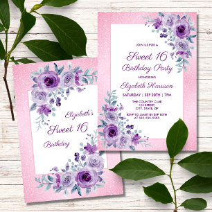 Purple Roses Floral Glitter Pink 16th Birthday  Invitation
