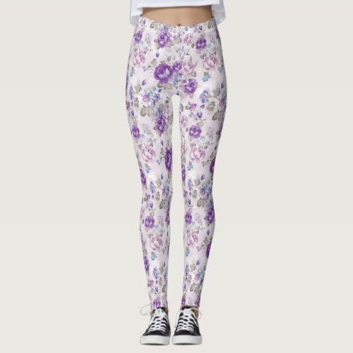 Purple Roses Floral Leggings