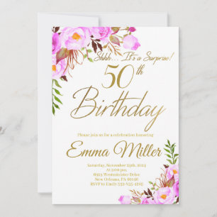 Purple Roses Floral Surprise 50th Birthday Party Invitation