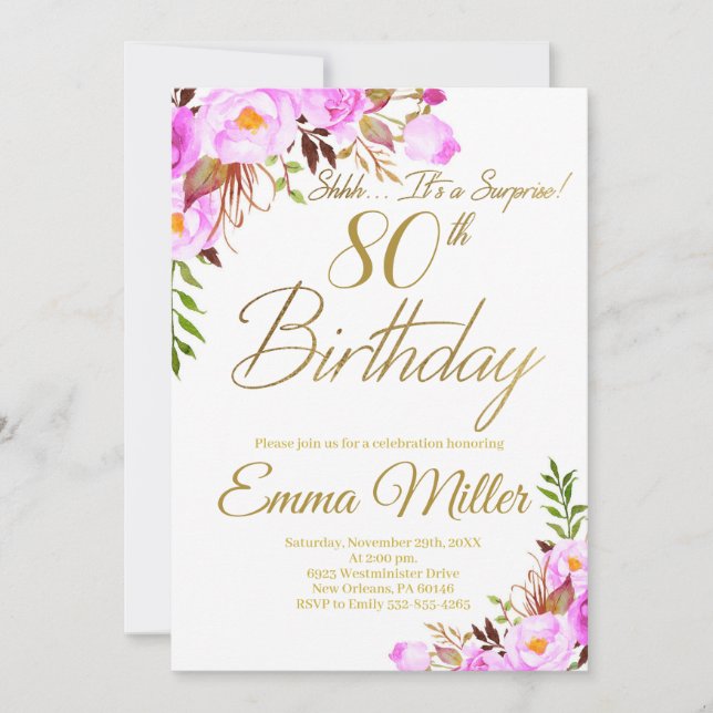 Purple Roses Floral Surprise 80th Birthday Party Invitation (Front)