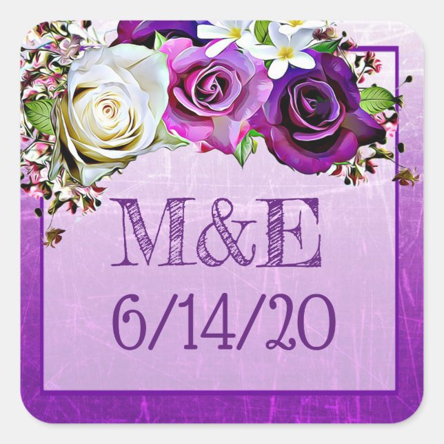 Purple Roses Floral Thank You Wedding Stickers (Front)