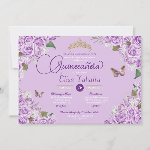 Purple Roses Floral Tiara Butterfly Quinceanera Invitation