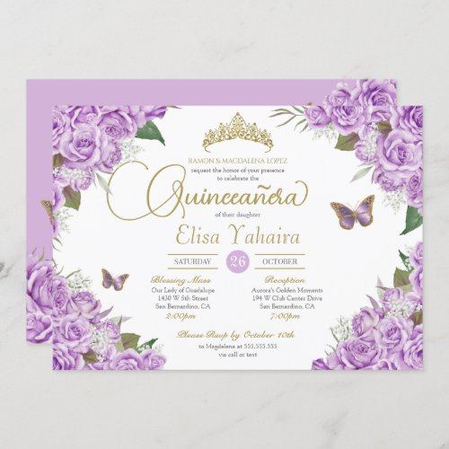 Purple Roses Floral Tiara Butterfly Quinceanera Invitation