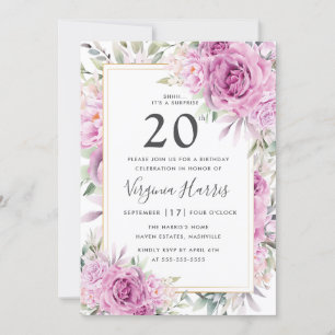 Purple Roses Floral Twenty 20th Birthday Invitation