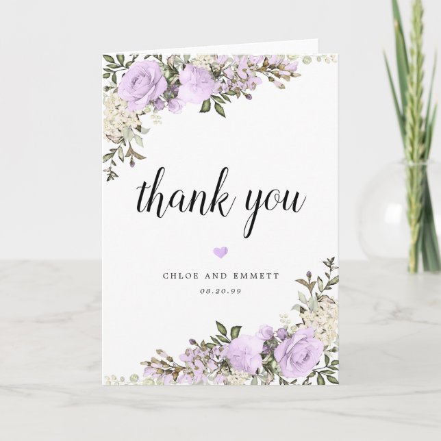 Purple Roses Floral Wedding Thank You Card (Front)