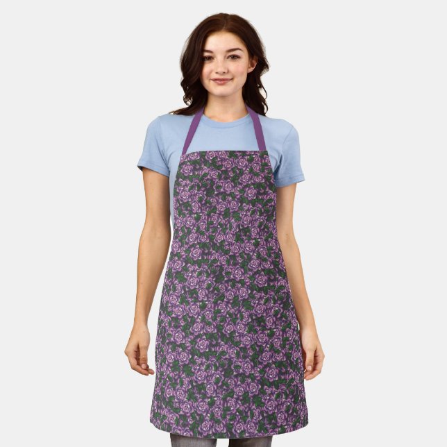 Purple Roses Flowers Drawing Cute Girly Floral Apron (Worn)