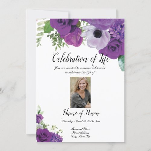 Purple Roses Funeral Announcement Invitation