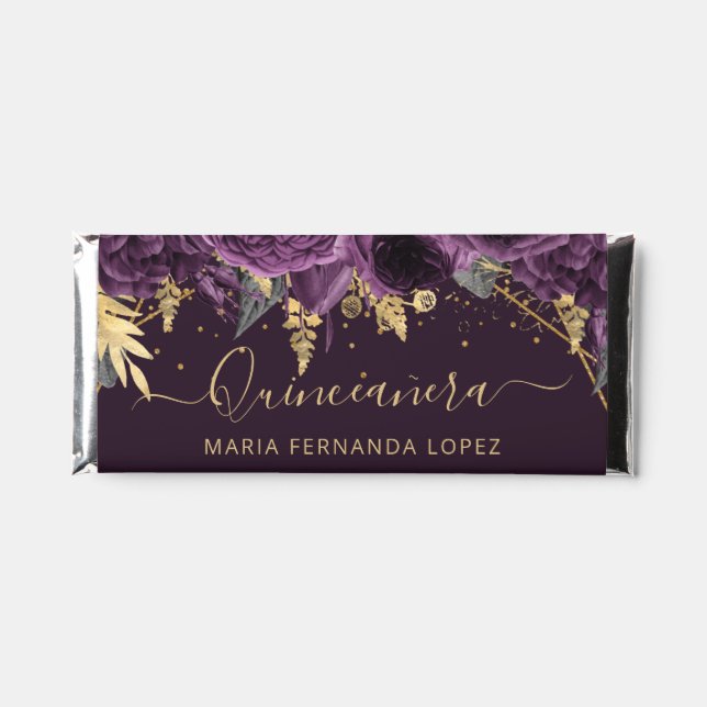 Purple Roses Gold Floral Quinceañera Personalized Hershey Bar Favors (Front)