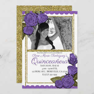 Purple Roses Gold Glitter Quinceañera Birthday Invitation