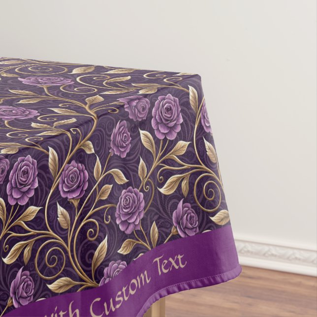 Purple Roses Gold Scroll Elegant Custom Design  Tablecloth (In Situ)