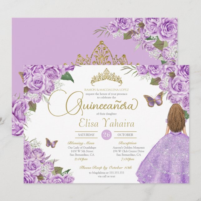 Purple Roses Gold Tiara Butterfly Elegant Quince Invitation (Front/Back)