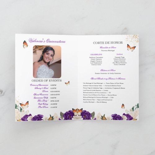 Purple Roses Gold Tiara Butterfly Quinceanera Program