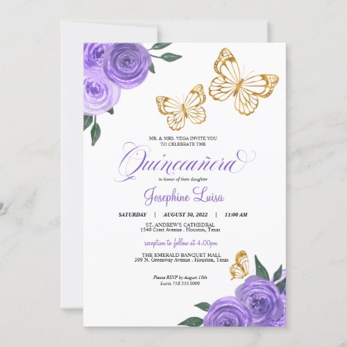 Purple Roses Golden Butterfly Quinceaera Birthday Invitation