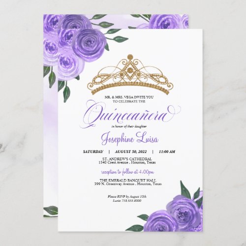 Purple Roses Golden Tiara Quinceaera Birthday Inv Invitation