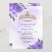 Purple Roses Golden Tiara Quinceañera Birthday Invitation (Front/Back)