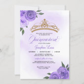 Purple Roses Golden Tiara Quinceañera Birthday Invitation (Front)