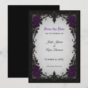 Purple Roses Gothic Save the date invitation