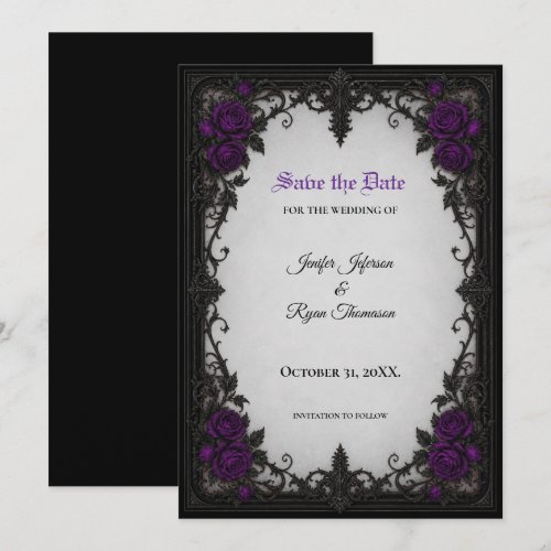 Purple Roses Gothic Save the date invitation