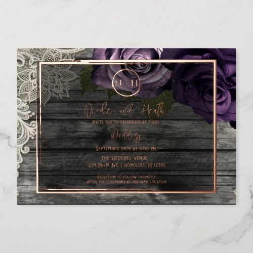Purple Roses Grey Wood  Lace Rustic Wedding   Foil Invitation