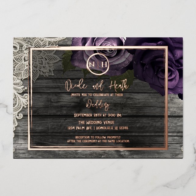 Purple Roses Grey Wood & Lace Rustic Wedding   Foil Invitation (Front)
