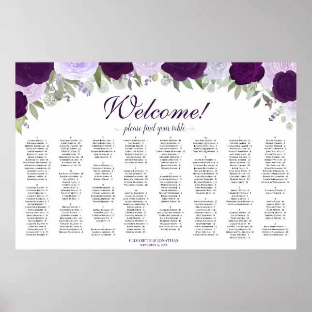 Purple Roses Horizontal Alphabetical Seating Chart | Zazzle