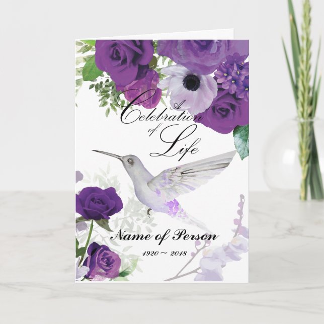 Purple Roses Hummingbird Funeral Program (Front)